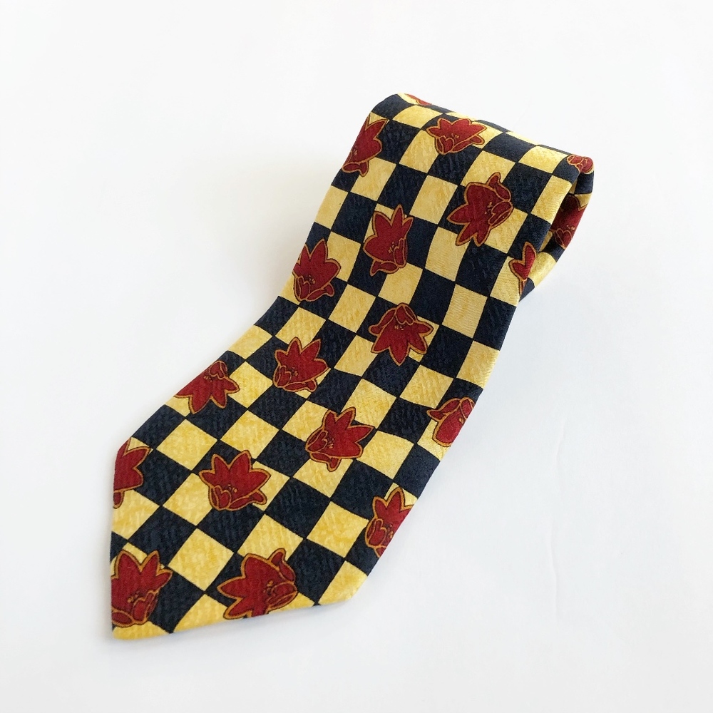Cacharel silk tie yellow, navy checkered, flowers
